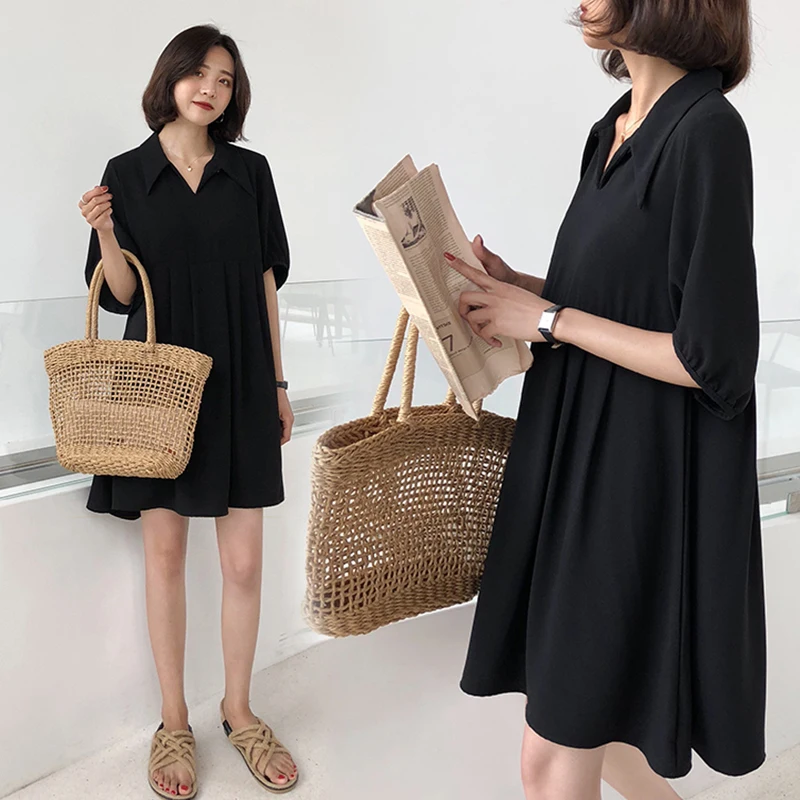 Large Size Women 200jin Summer One-piece Dress Long A- shaped Shirt Skirt Fat mm Loose Slim-fit Hepburn Style Black Dress