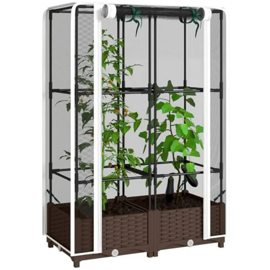 Raised Garden Bed with Trellis for Tomatoes and Climbing Plants: White Self-Watering Planter Box with Drainage Holes, Plugs, an