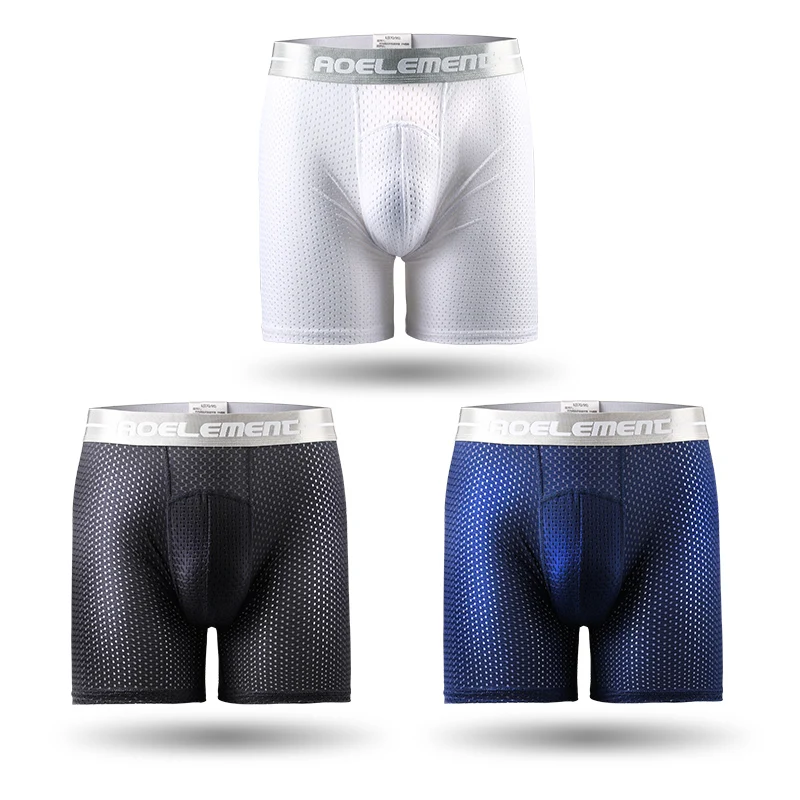ملابس داخلية رياضية احترافية للرجال سراويل بوكسر طويلة مضادة للارتداء من الحرير الجليدي مجوفة قابلة للتنفس سريعة الجفاف والجري وساق طويلة