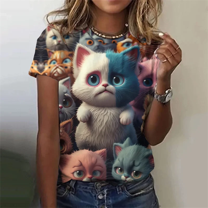 

3D Printed Animal T Shirt For Women Cute Cat Pattern Short Sleeves Summer Loose Crew Neck Top Girl Tees Oversized Y2K Streetwear