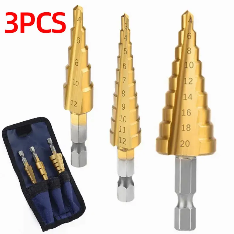 3-12mm 4-12mm 4-20mm Hss Step Drill Bit,Straight Groove DrillTitanium Coated Metal Driller,Drilling Tools Set