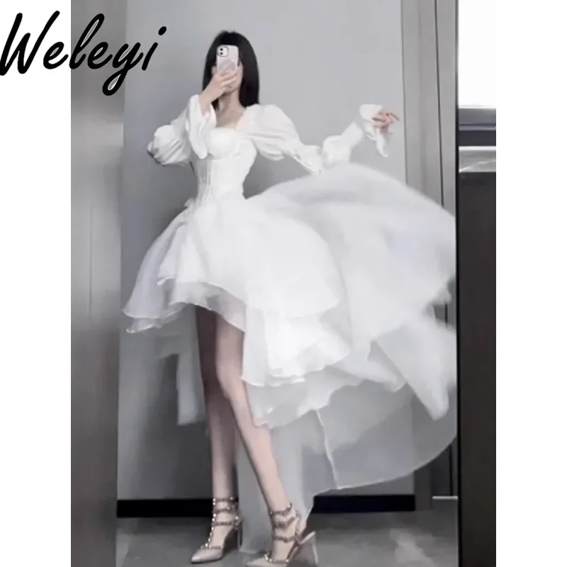 Temperament Princess Hot Girl Fairy White Dress 2025 Spring Premium Women's Long Puff Sleeve Slimming Waist Skinny Short Dresses