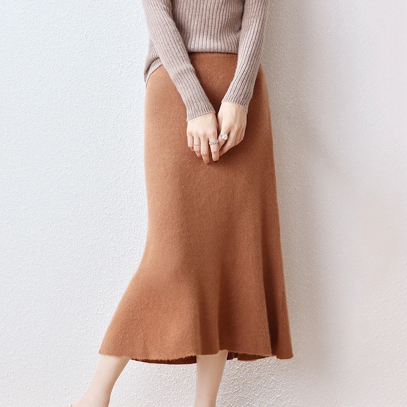 

Autumn Winter New 100% Wool Half Skirt Women's High Waist A-line Wrapped Hip Fishtail Skirt Mid Length Slim Knitted Skirt