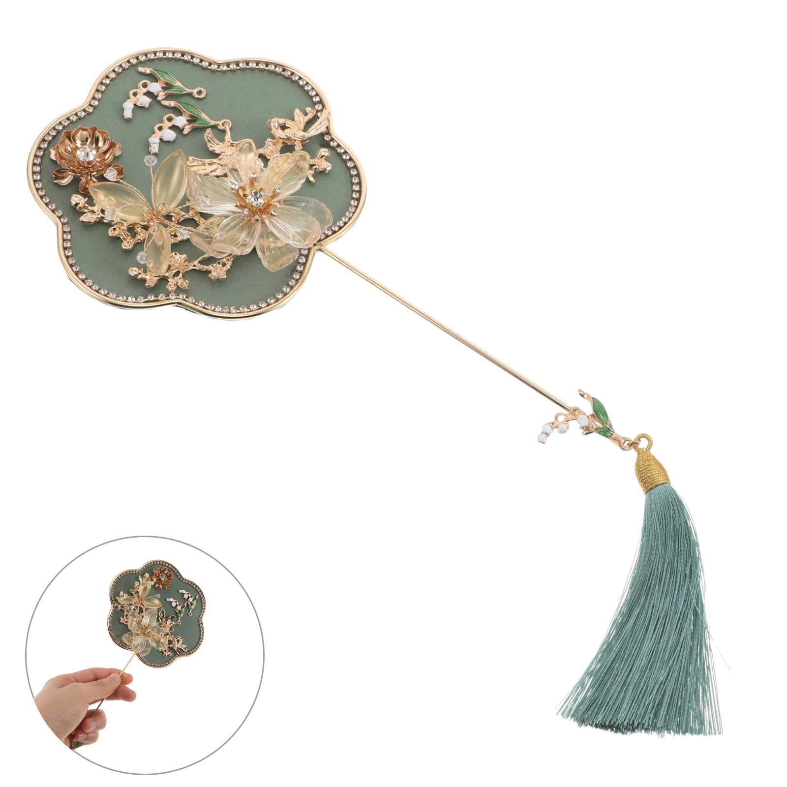

Mini Chinese Wedding Fan Vintage Bridal Handheld With 3D Rhinestone Flower Tassel For Traditional Costume Dancing Party