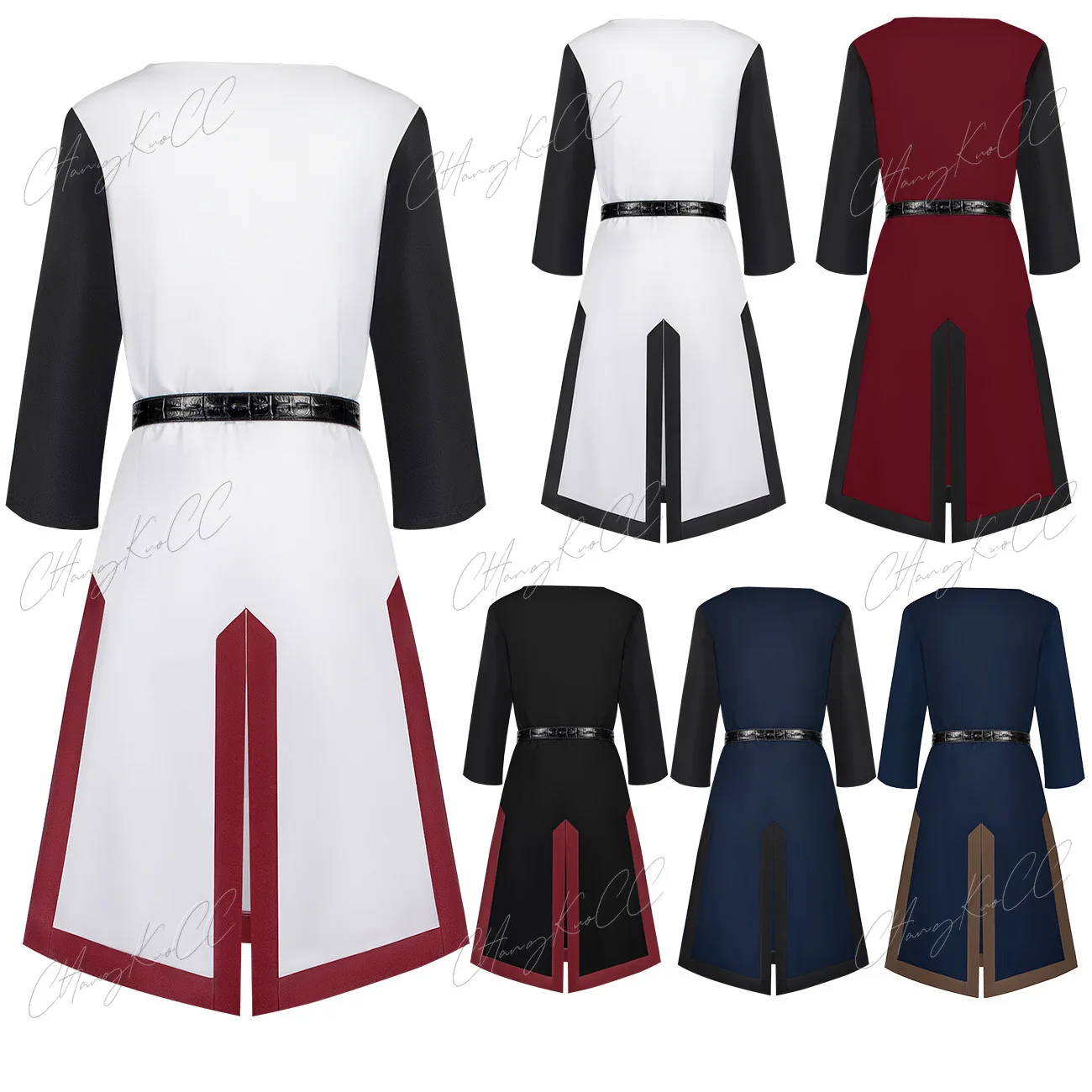 Men Medieval Knight Templar Knight Cosplay Costume Adult Men Warriors Gown Long Sleeve Top with Brown Belt for Halloween Party