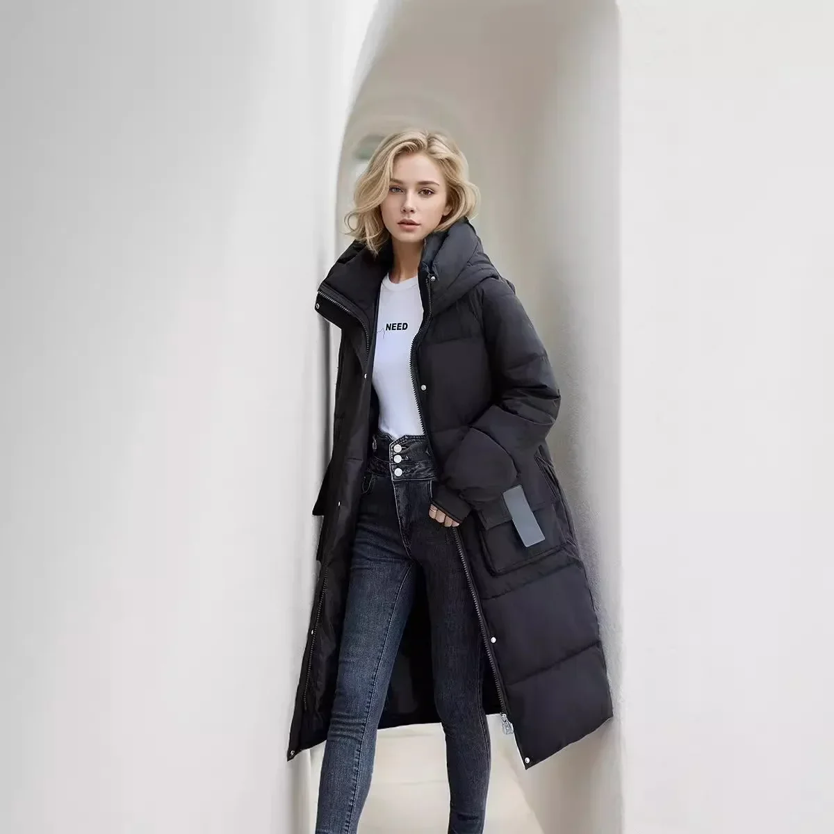 2024 New Long Winter Jacket Parka Maxi Long Women Coat Casual Loose Overcoat Female Clothing Outerwear Down Cotton Hood Fluff