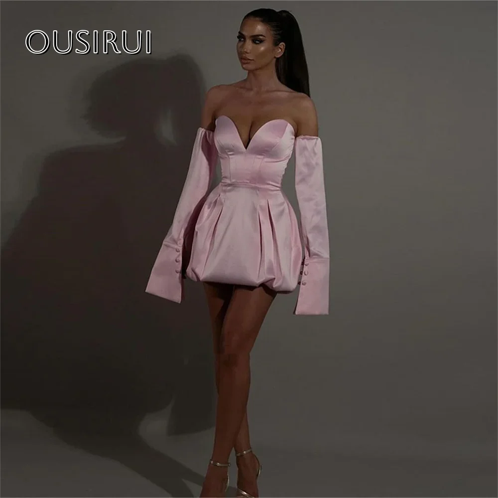 

Sweetheart A-line Satin Pleated Short Cocktail Dress Long Sleeves Customized for Women فساتين ايلي صعب Party Dresses