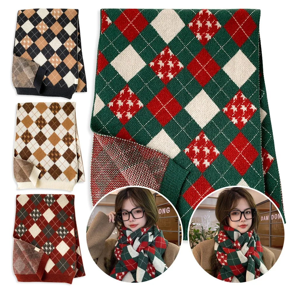

Модный рождественский клетчатый вязаный шарф в полоску, сохраняющий тепло, теплый шарф, универсальный морозостойкий шерстяной шарф, осень-зима
