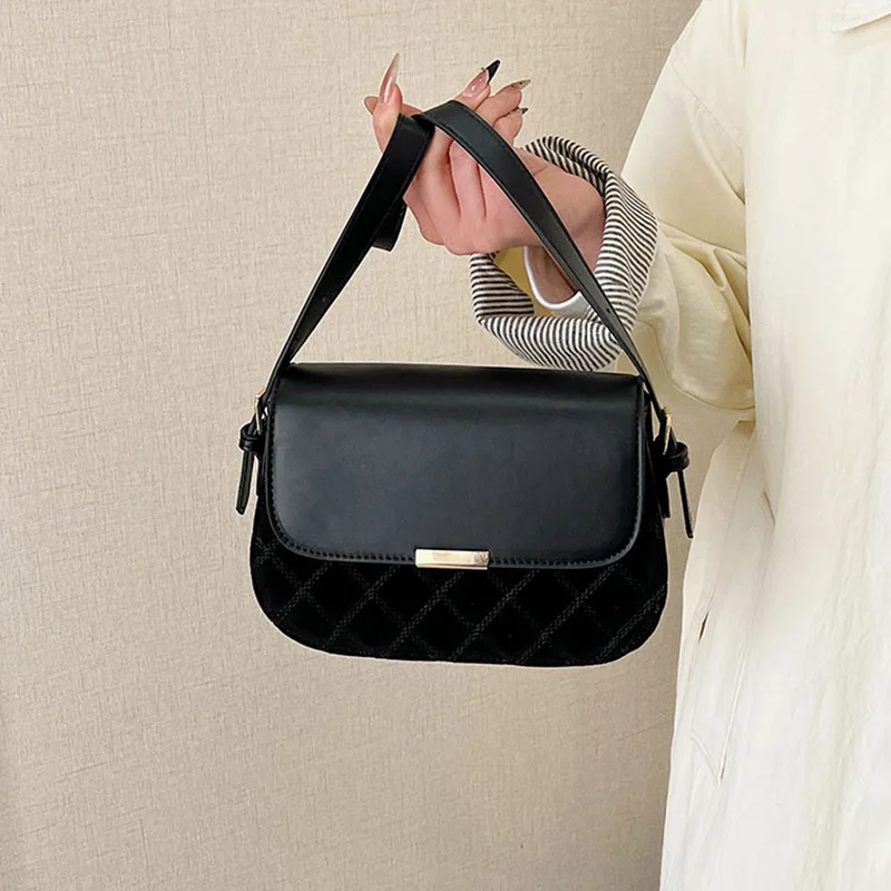 PU Splicing Argyle Shoulder Bag For Women Autumn Winter Luxury Design Handbags Korean Casual Fashion Female Crossbody Bags