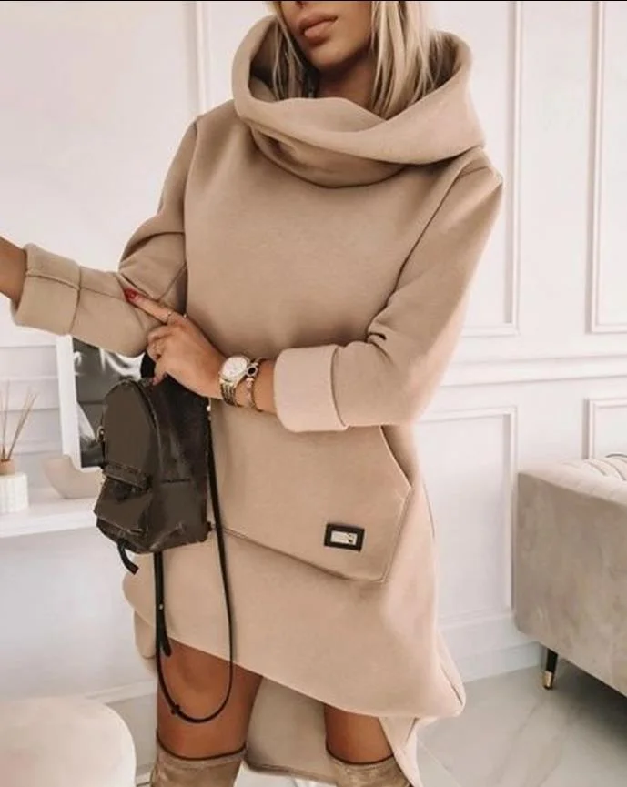 Women\'s Urban Style Solid Color Dress Pom Pom Hooded Sweatshirt Dress 2024 Spring Latest Chain Zipper Long Sleeve Daily Dress