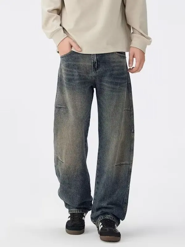 

Спецодежда в стиле ретро, свободные мужские джинсы, американский дизайн, винтажный вид, повседневные прямые длинные брюки