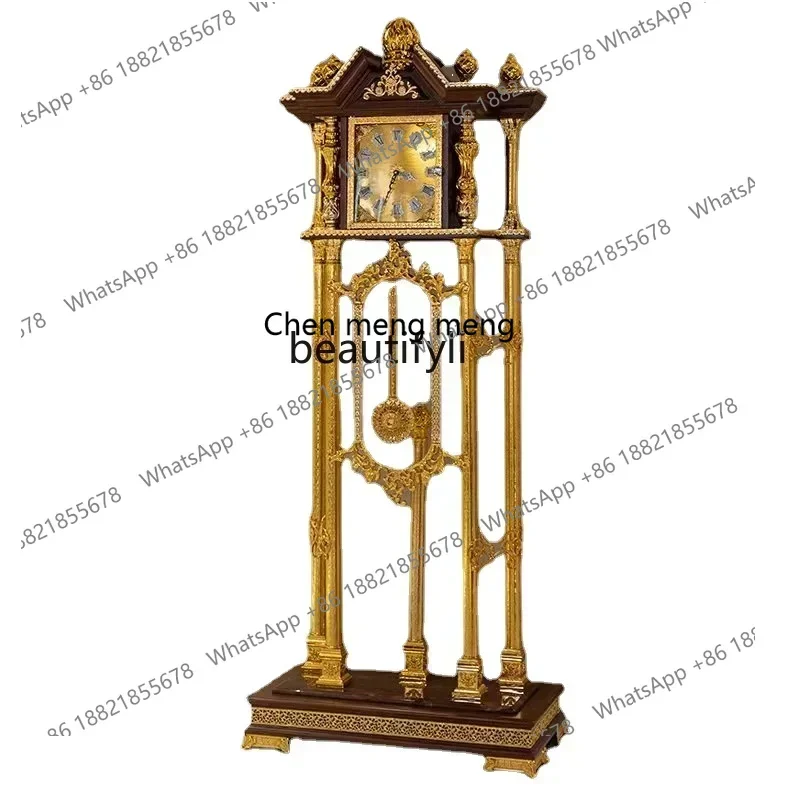 cc182l European Style French Mansion Villa Showroom Brown Solid Wood Roof Type Electroplated Gold Luxury the Grandfather Clock
