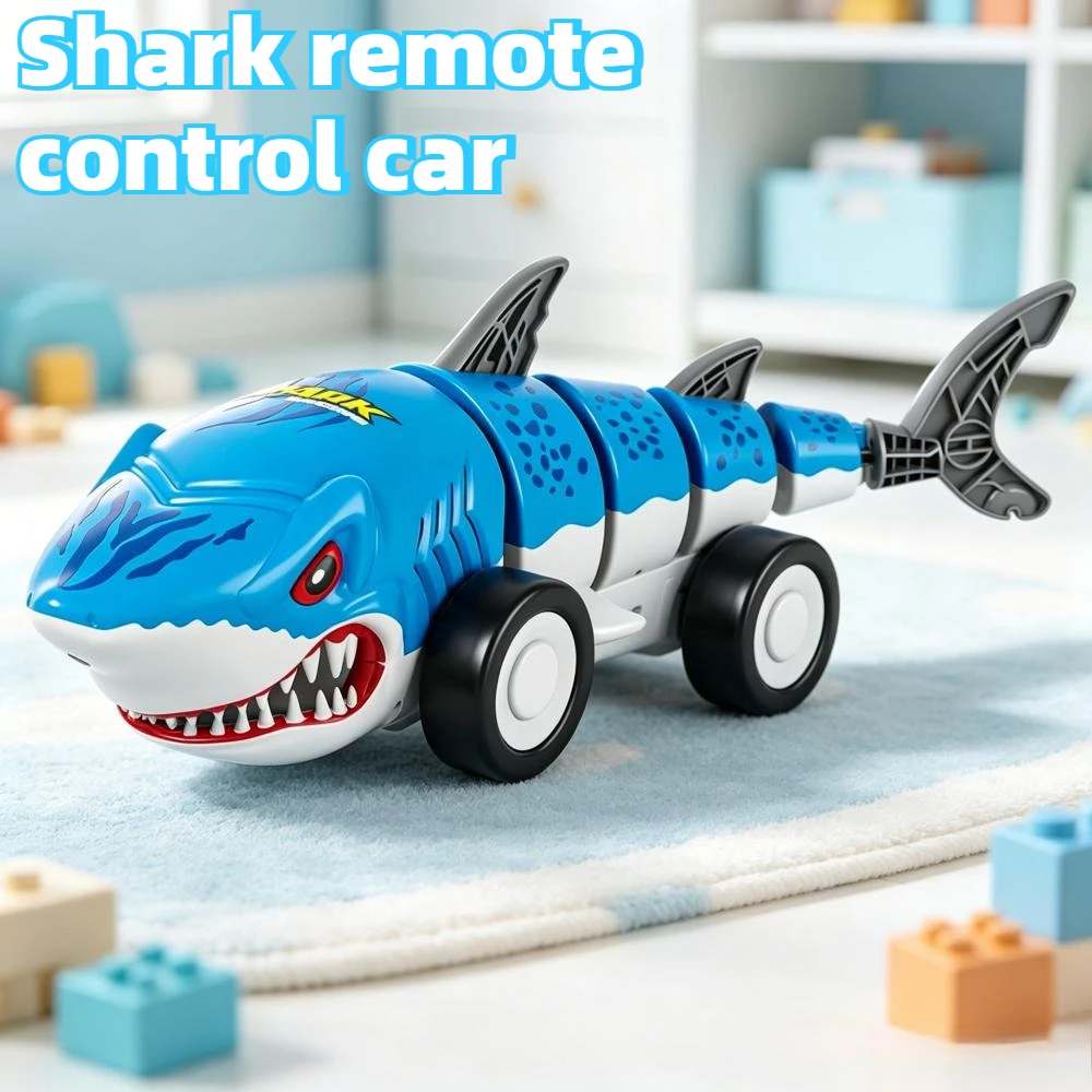 2.4G RC Shark Car Toy Rechargeable Electric Shark Remote Control Vehicle with LED Lights 4 Way Driving Birthday Gift