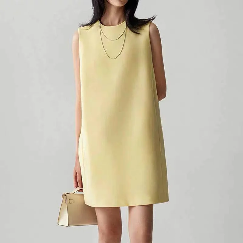 

Yellow Black Sleeveless Dress Women Summer Round Neck Elegant Loose Office Elegant Chic Small Fragrance Female Vest Dress