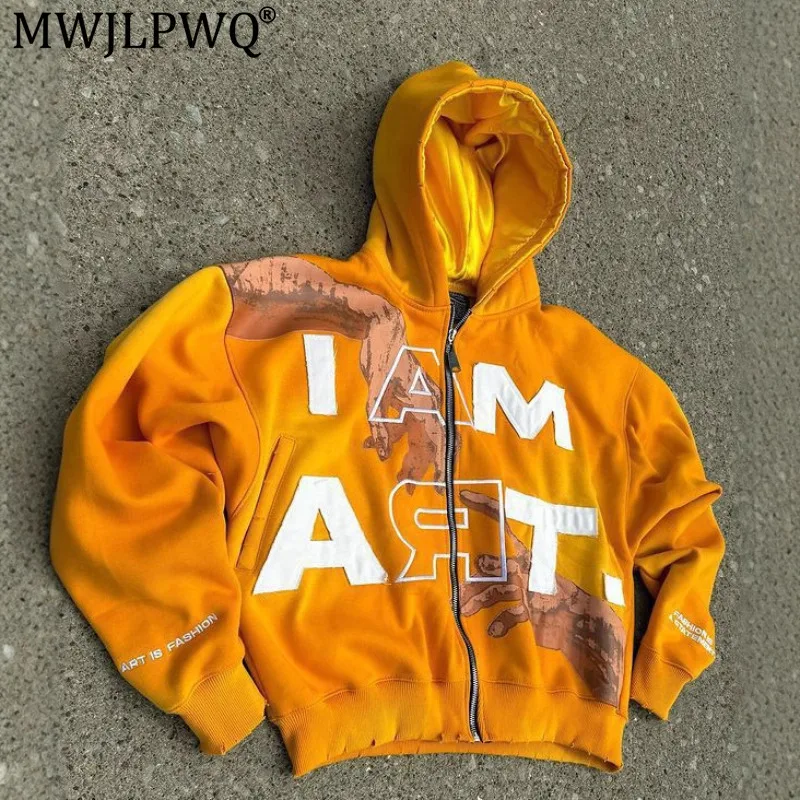 MWJLPWQ Y2K Men's Zip Up Hoodie I Am Art Letter Patch Hand Graphic Print Vintage Washed Cropped Streetwear Hooded Jacket 20929