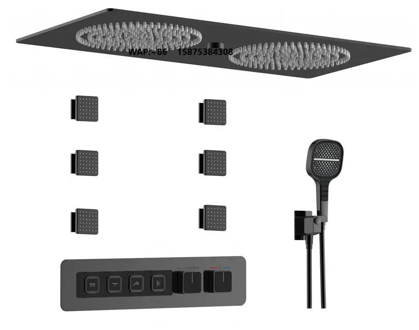 Matt Black Ceiling Mount 4 Functions Big Shower Head System Rainfall Thermostatic Shower Faucet Set Complete Set