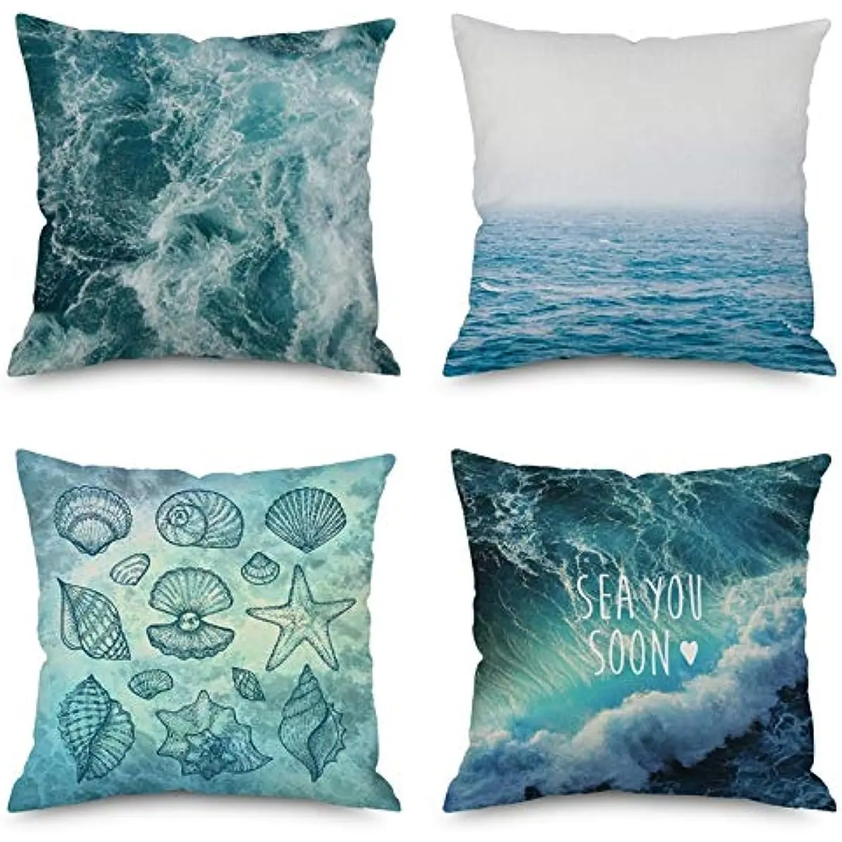 Summer Cool Blue Sea Wave, Ocean Wind Decoration Pillow Cover, Single-Sided Printing, Linen Square Cushion Cover