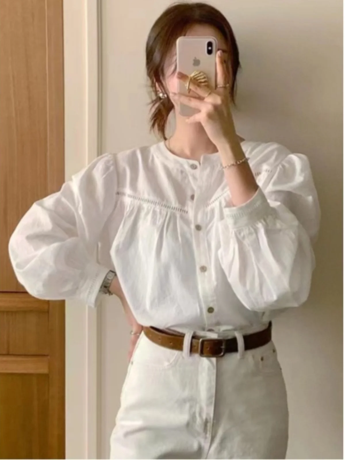 

White Long Sve irt Women's Chic Spring Autumn Sweet Ruffle Patchwork Loose Doll Top round Ne Button up Casual irt