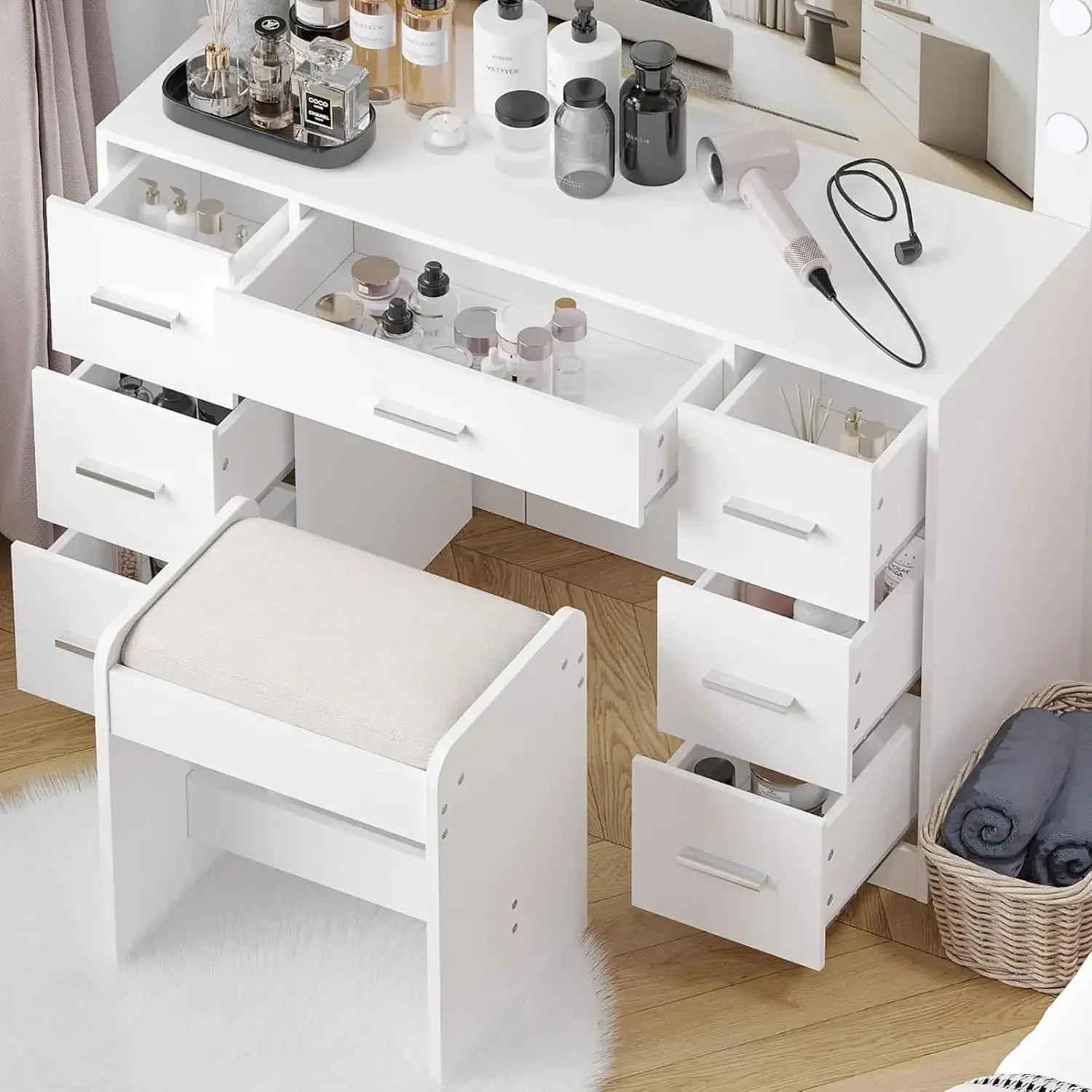 Vanity Desk with Stool, Makeup Table, Brightness Adjustable with Lighted Mirror, 3 Color Lighting Modes