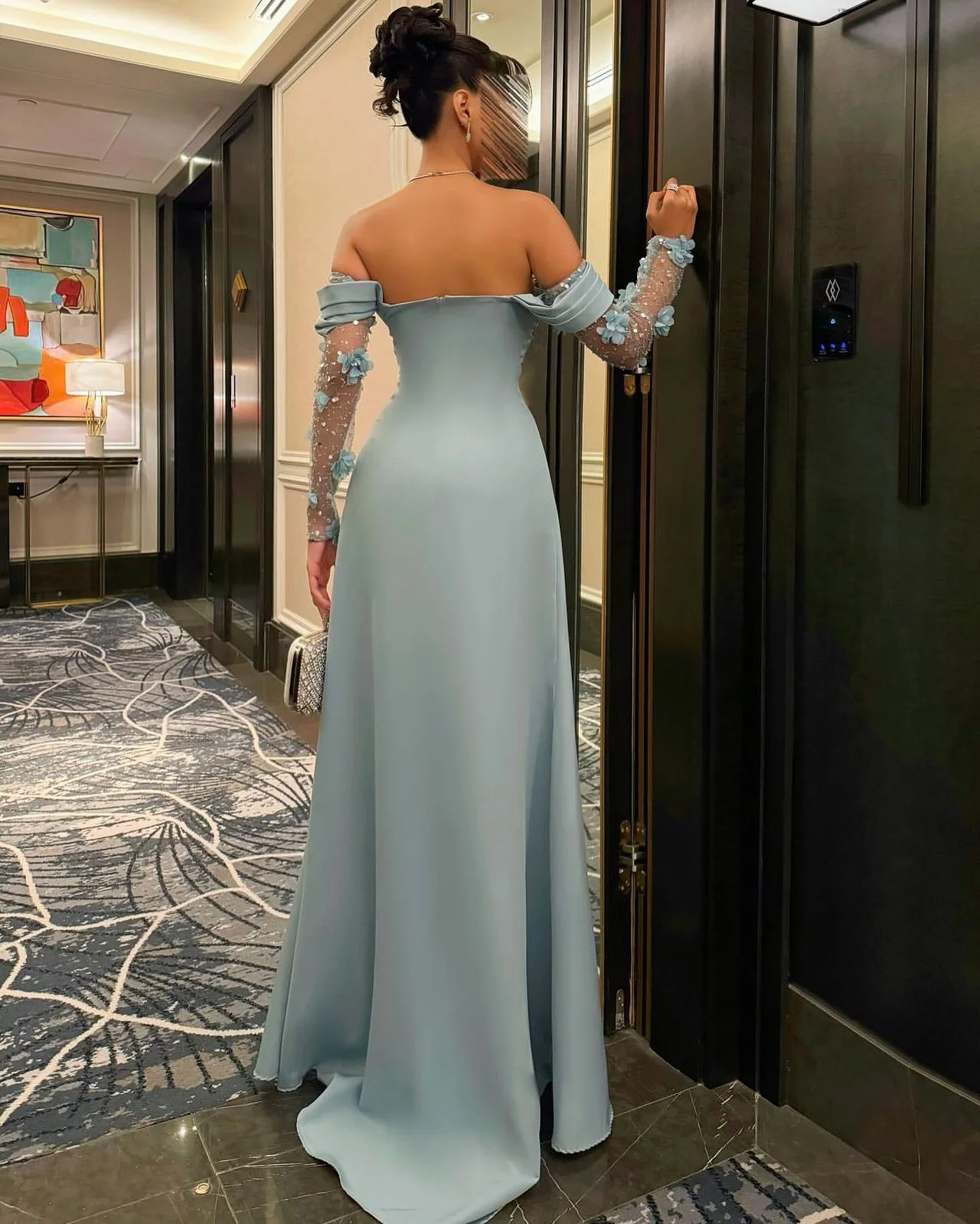 فستان حفلات أنيق مكشوف الكتفين من Adeli مخصص للنساء باللون الأزرق منقوش عليه زهور للحفلات المسائية بطول الأرض فساتين مناسبة رسمية #2