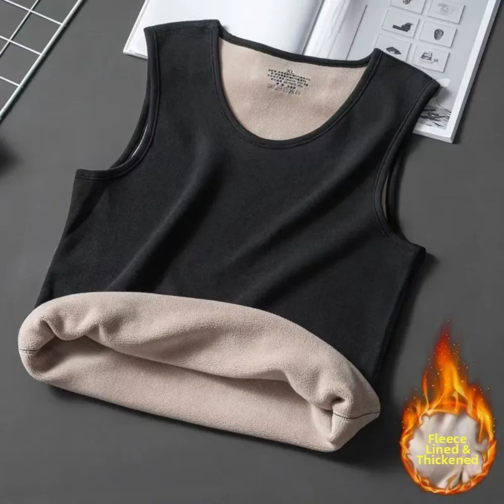 Solid Color Thermal Vest Round Neck Thick Material Underwear Vest Fleece-lined Design Sleeveless Fleece-lined Vest