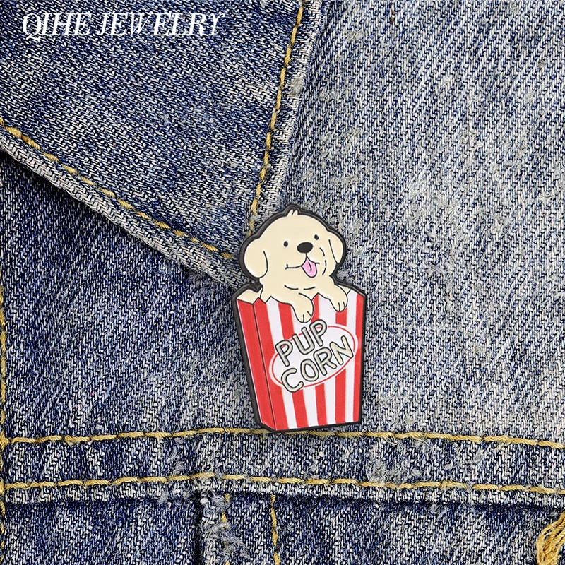 Pupcorn Puppy Popcorn Cartoon Enamel Pin Cute Dog Movie Snack Food Pun Brooch Backpack Lapel Badge Fun Jewelry Gift for Friends