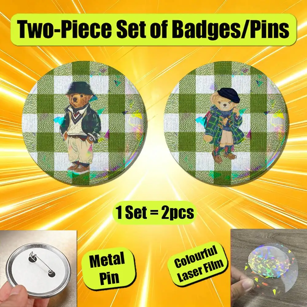 For Cartoon P-POLO Bear Badge Pin Insignia 2 Pcs Set Round Button Emblem Laser Film Clothes 32mm Custom