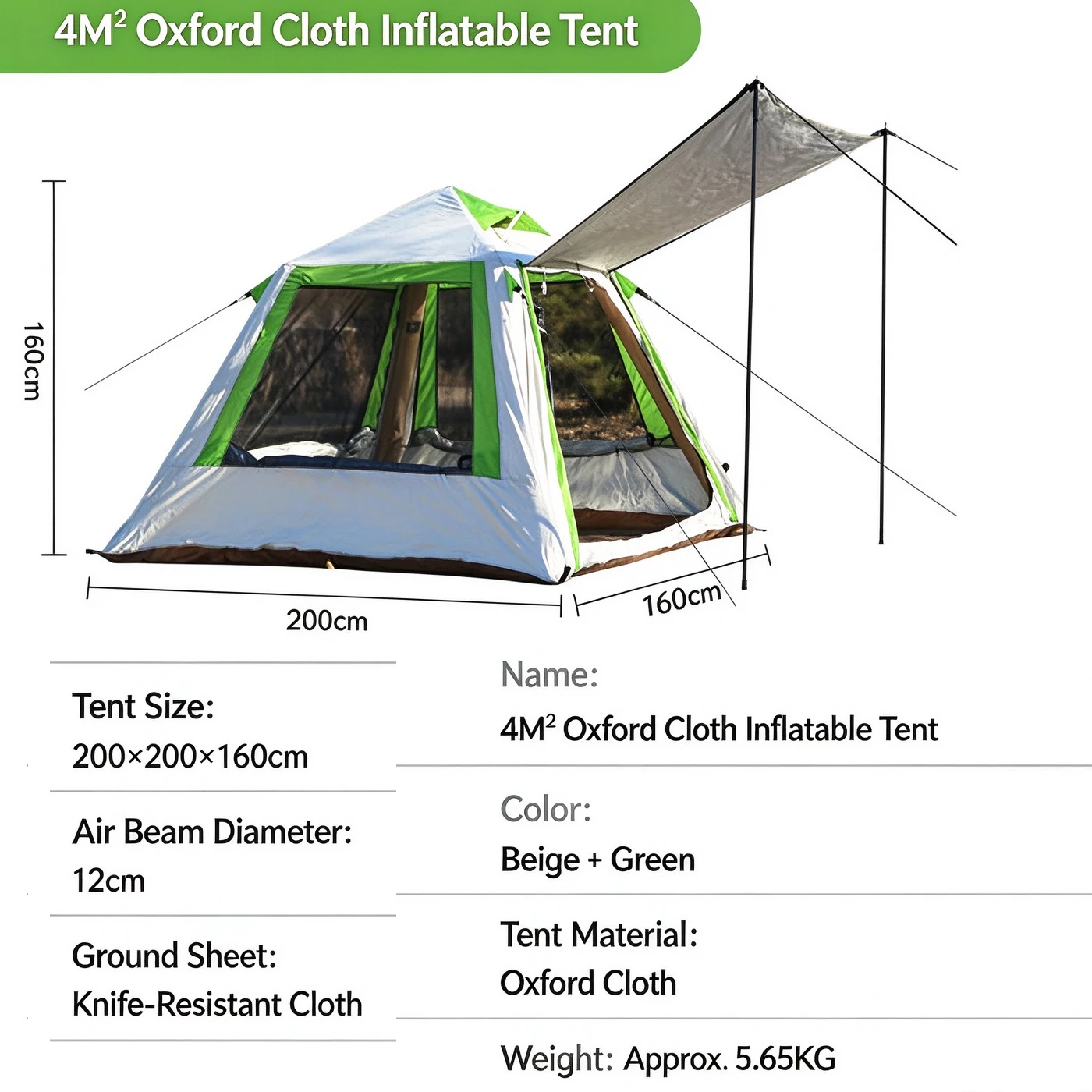 New 4㎡ Oxford Inflatable Tent with Mosquito Mesh & Convertible Awning for Family 2 Person Blow Up Air Beam Outdoor Camping Tent