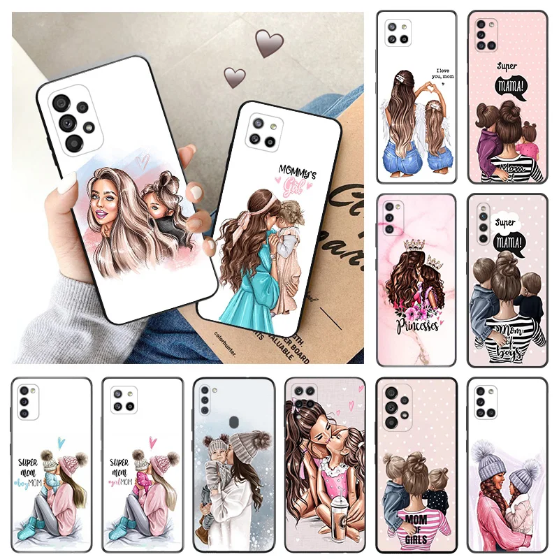 Silicone Phone Cases for Samsung A32 A73 A72 A71 A54 A53 A52 A51 A42 A34 A33 A24 A23 A22 A14 A13 Black Brown Hair Baby Mom Girl