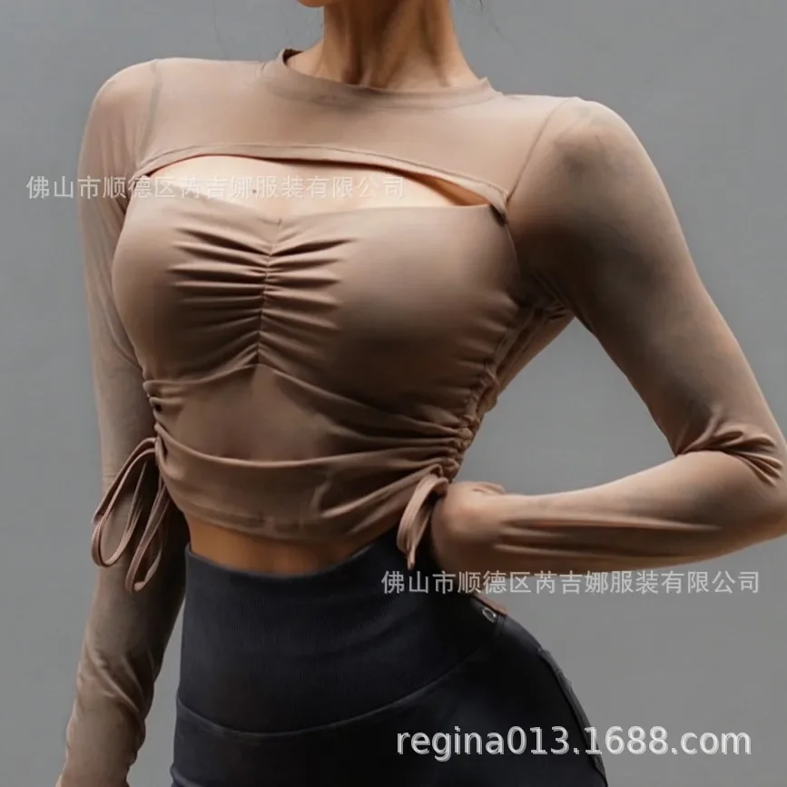Lightweight Sexy Sports Fitness Running With Chest Pads Lo ng Sleeves Women's Mesh See-through Yoga Dance Tops Outside Wear