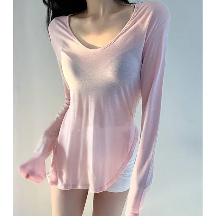 Elegant Lazy Style Thin Sun Protection Shirt Women's Spring Autumn Sexy Body Shape Long Sleeve V-neck T-shirt Comfortable Fit