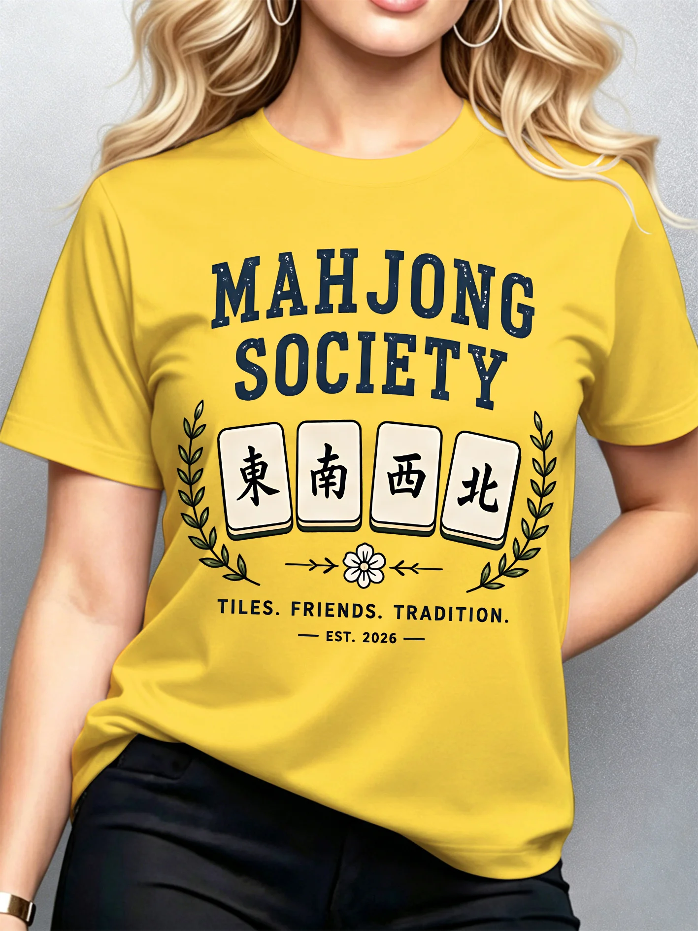Mahjong Society Womens Crew Neck Short Sleeve T Shirt Chinese Wind Mahjong Tiles Tradition Friend Casual Graphic Tees For Ladies