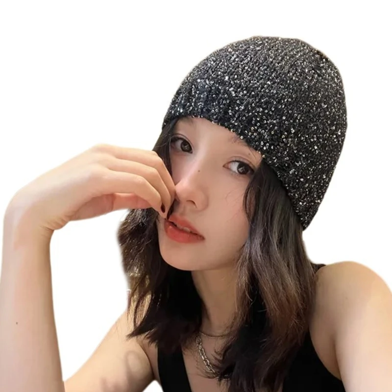 Black Sequins Hat Skull Hat Fashionable Cool Eye-Catching Adjustable Unisex Party Sparkling Sequins Hat Black Clubwear