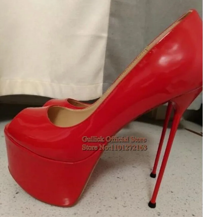 

16CM Ultra Metal Stiletto High Heels Pump Red Black Patent Leather Platform Open Toe Slip On Wedding Bride Shoes Size 46