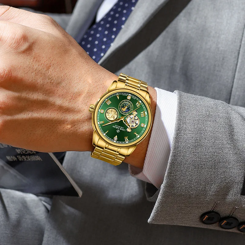 Stainless Steel New Green Golden Kirin Series Skeleton Luminous Waterproof Tourbillon Self-Wind Automatic Watch for Men