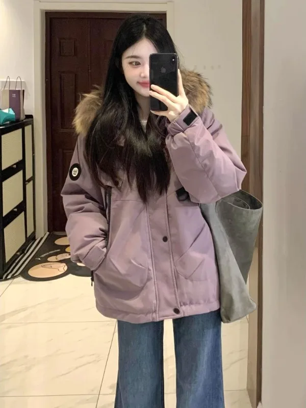 

Thiened Purple Parka Coat Women's Cotton Jaet Winter Workwear Hooded Fce Lined Large Fur Collar Utili Outerwear