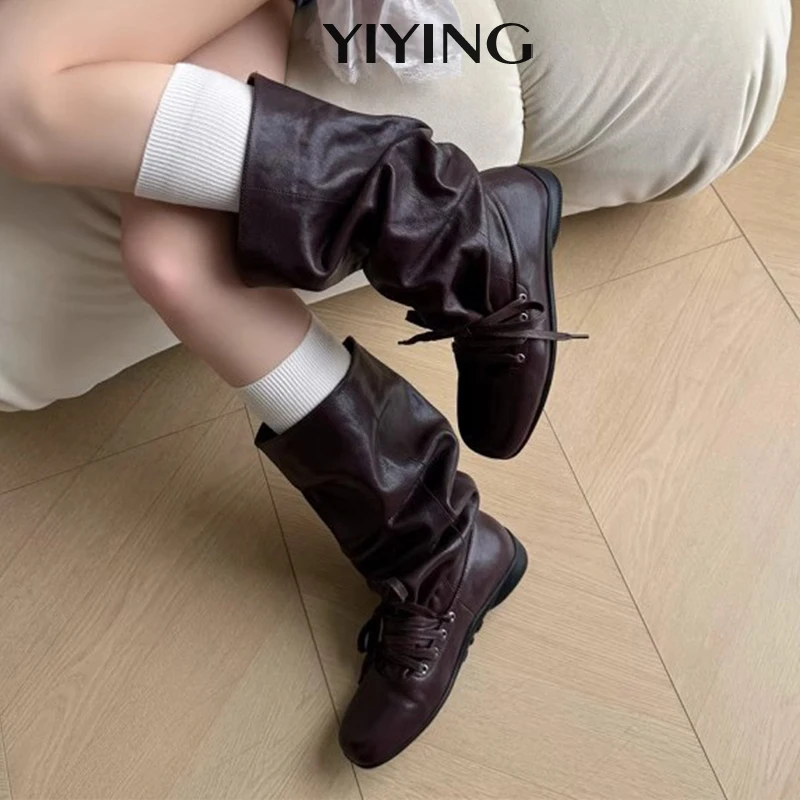 Women's Boots Fashion Retro Western Pile Pile Boots Women's European Station Ballet Straps Pleated Mid-tube Boots Sleeve Thin