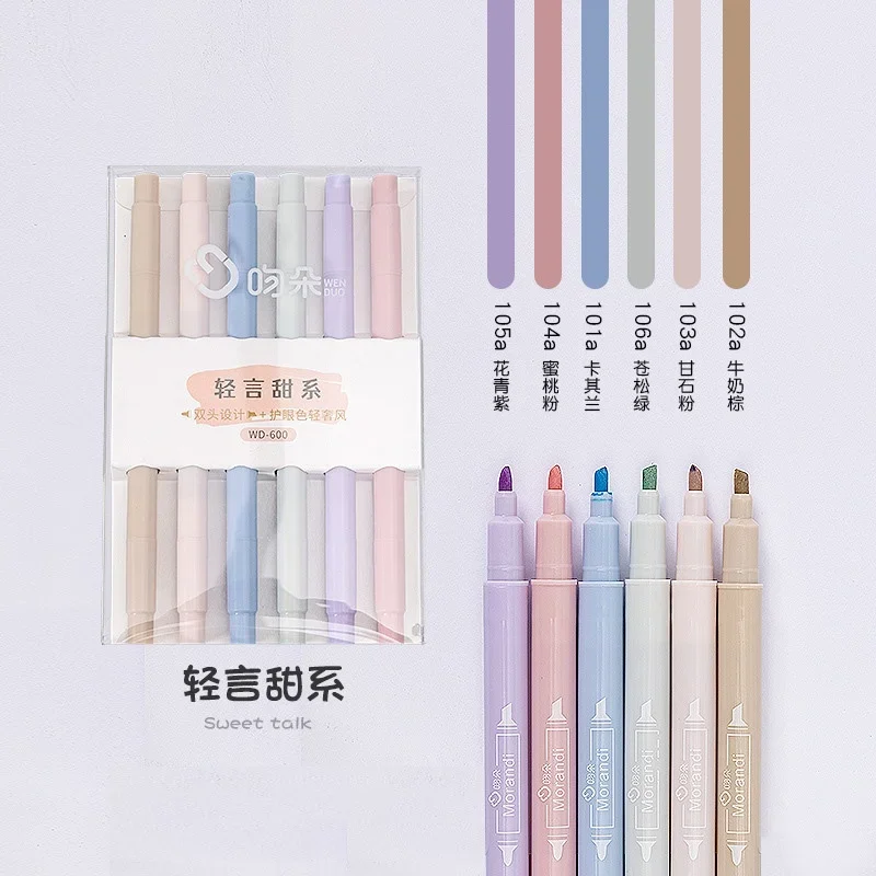 6 Colors Double Headed Highlighter Pen Art Markers Kawaii Soft Color Fluorescent Pens School Office Stationery