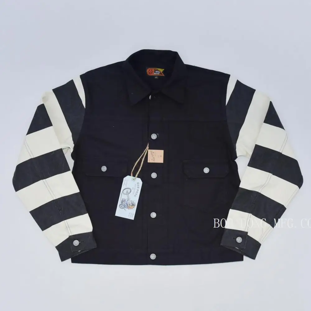 BOB DONG Black White Stripes 507XX Canvas Jacket Vintage Rugged Style Biker Coat Men