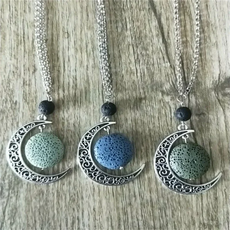 Round Lava Stone Essential Oil Diffuser Necklace Aromatherapy Jewelry Minimalist Lava Rock Stone Moon Necklace