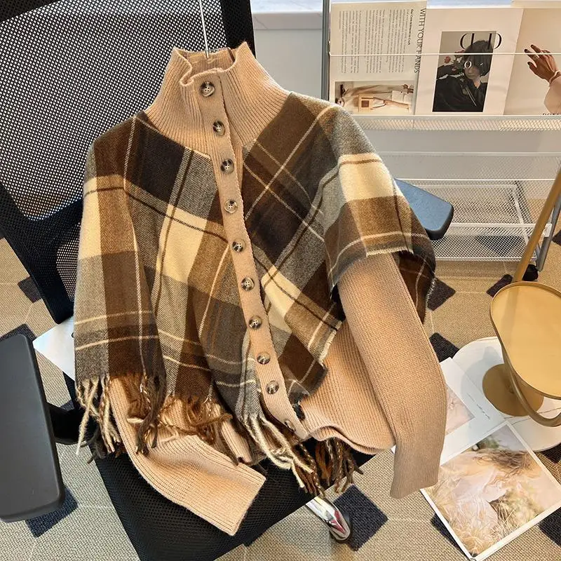 Women's Autumn Winter Knitted Sleeveless Shawl Padded Coat High Collar Cardigan Short Padded Sweater Fake Two Piece Poncho D837