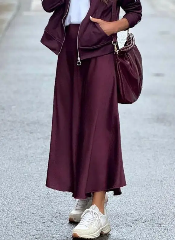 

Autumn Elegant High-End Solid Color Skirt with High Waist and Elegant Solid Color Texture Satin Women's Slim Fit A-Line Skirt