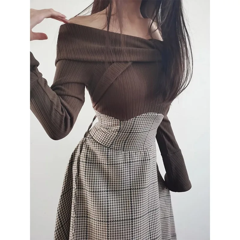 2024 invierno nuevo de un solo hombro moda Mujer Vestidos diseño suéter costura vestido femenino de manga larga elegante Vestidos delgados