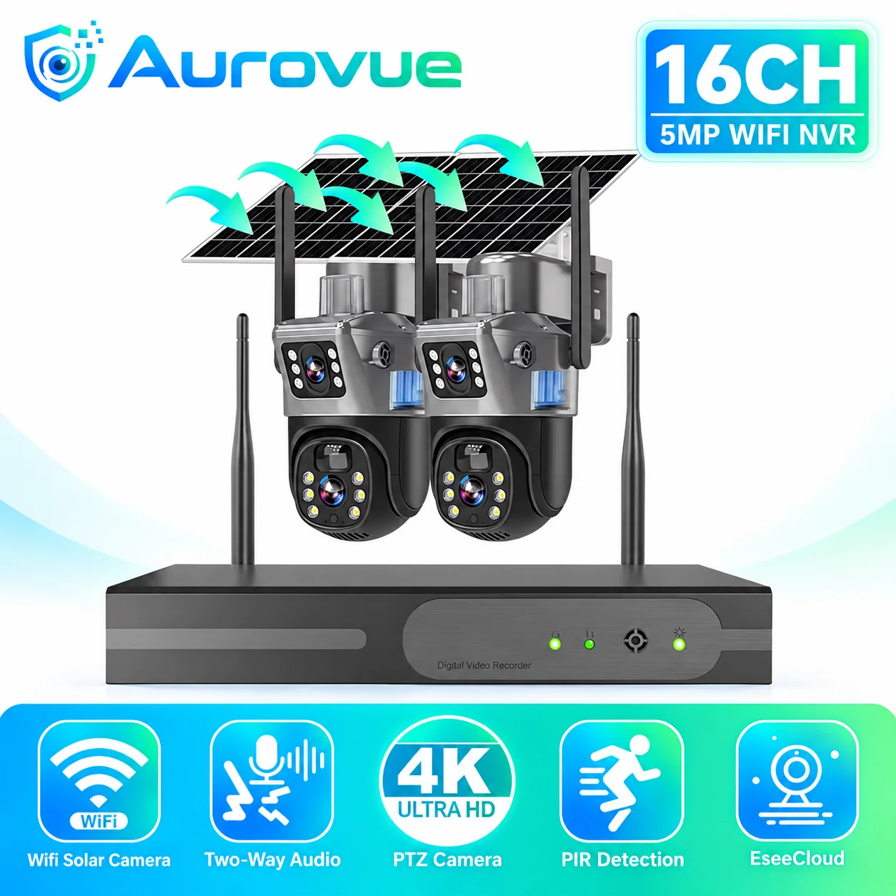 4K 8MP Solar-Sicherheitskamerasystem mit 16-Kanal-WLAN-NVR, PTZ-Kameras mit zwei Objektiven, integriertem Akku, PIR-Bewegungserkennung, Sirenenalarm, Zwei-Wege-Audio, Farb-Nachtsicht,
