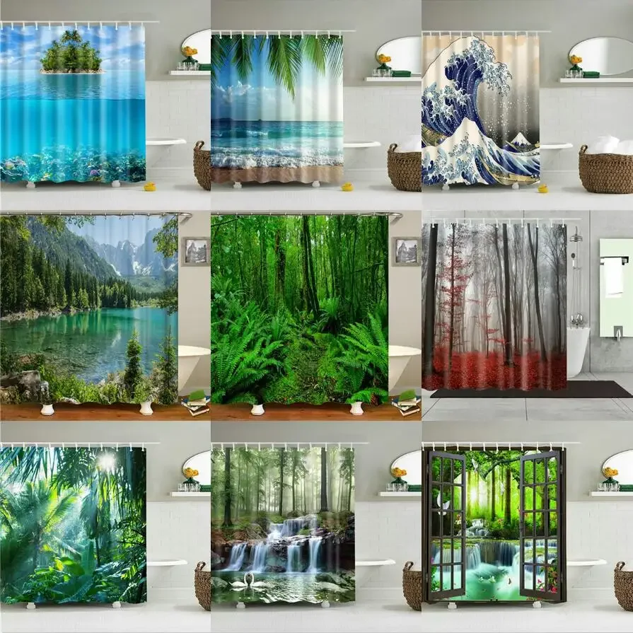 Beach Sea Wave Coconut Tree Shower Curtains Set Nature Forest Landscape Bathroom Curtain Frabic Polyester Bath Courtain Hooks