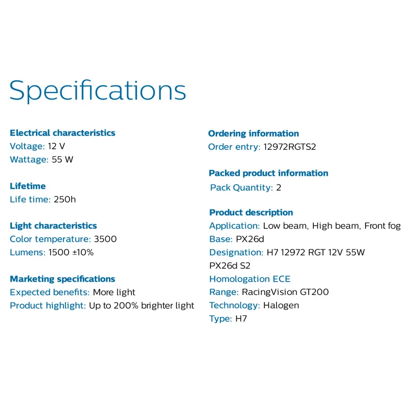 Philips H7 12V 55W Racing Vision GT200 Halogen Light Auto Headlight 200% Brighter Car Bulbs Genuine Original Lamp 12972RGTS2, 2x