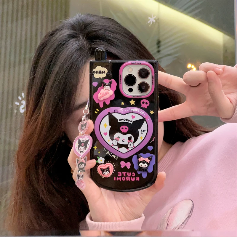 3D Cute Cartoon Sanrio Hello Kitty Kuromi Hide Makeup mirror Phone Case For iPhone 15 14 13 12 11 Pro Max Soft TPU Cover