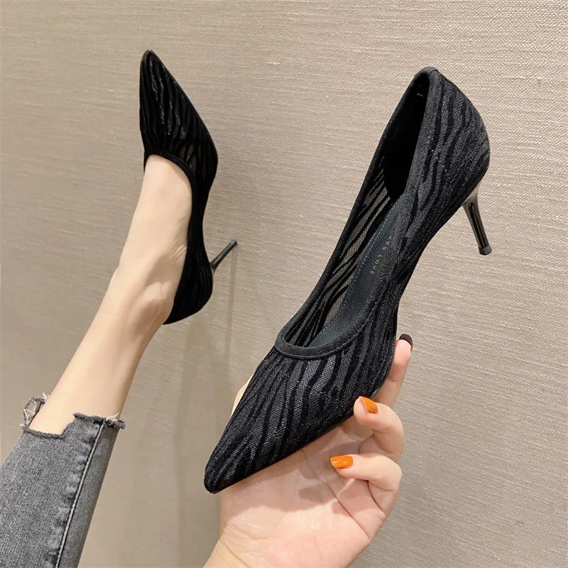 

New 2023 Spring/Summer Elegant Small Heel Shoes Female Pointed Black French Fine Heel Mesh Design Sensible Single Shoe