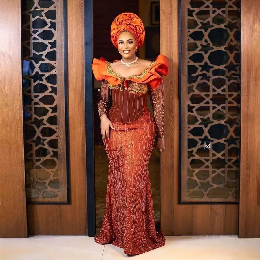 Burnt Orange Beaded Lace Prom Dresses Aso Ebi Style Formal Party Gowns Nigerian African Elegant Wedding Guest Dress Evening Wear