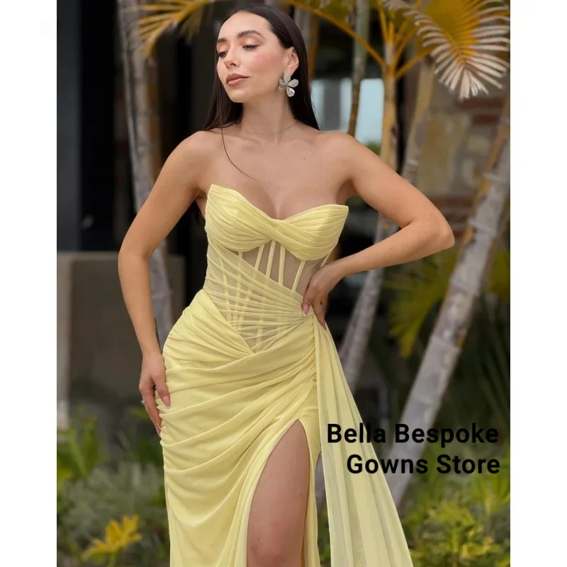 

Customized Yellow Side Slit Strapless Sleeveless Prom Dresses Mermaid vestidos de noche Floor-Length Formal Evening 2025